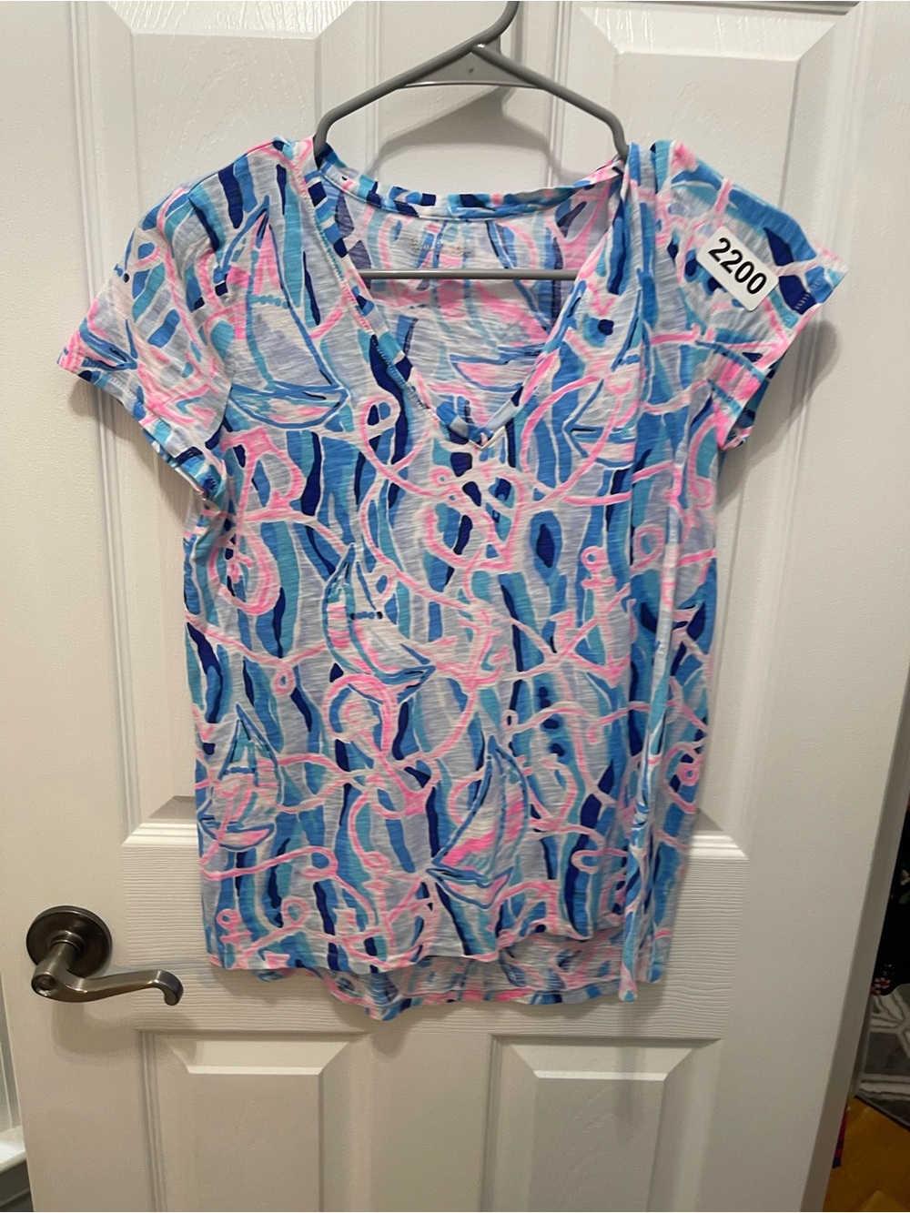 Lilly Pulitzer Blue & Pink Abstract V-Neck Short Sleeve Top